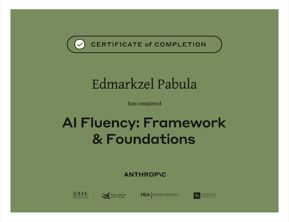 Anthropic AI Fluency Framework and Foundations certificate of completion awarded to Edmarkzel Pabula