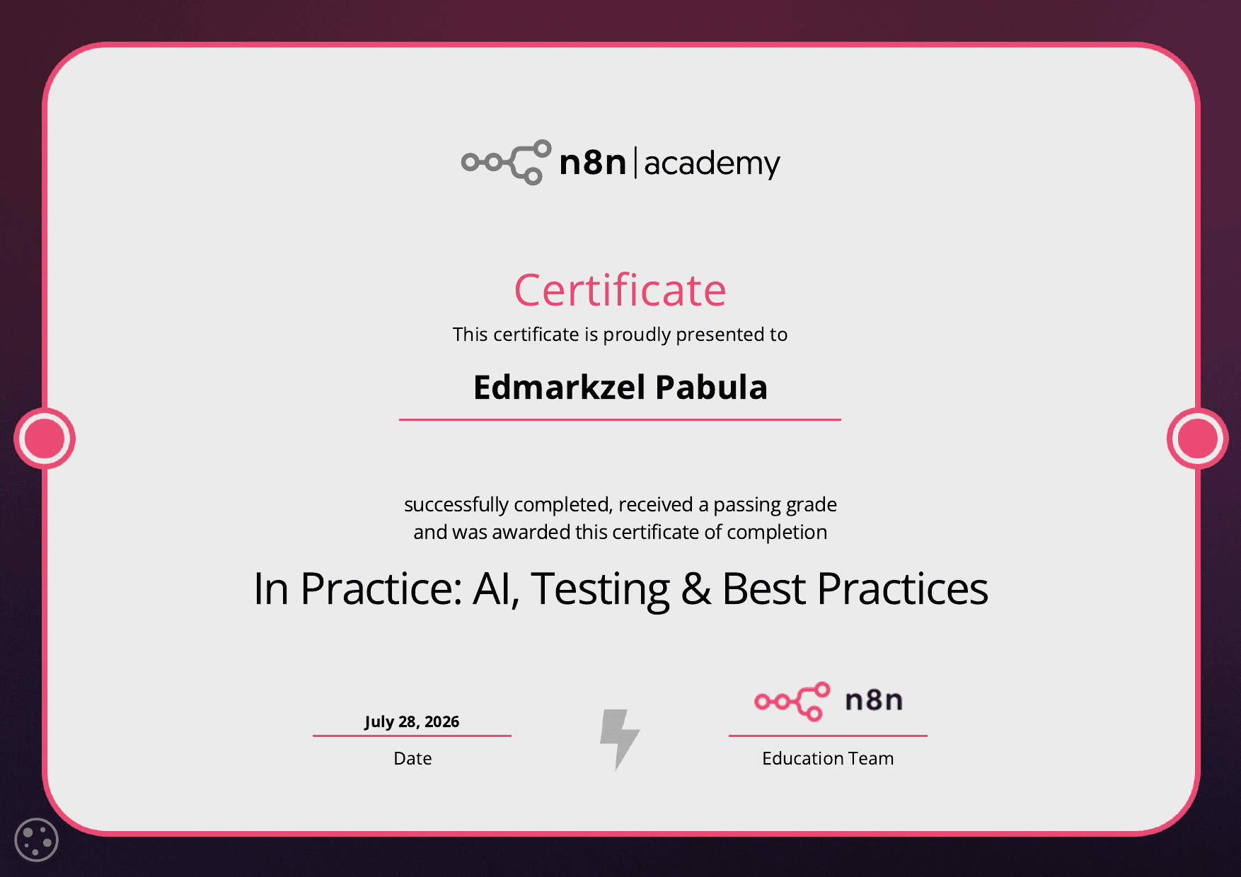 n8n Academy In Practice AI Testing and Best Practices certificate awarded to Edmarkzel Pabula