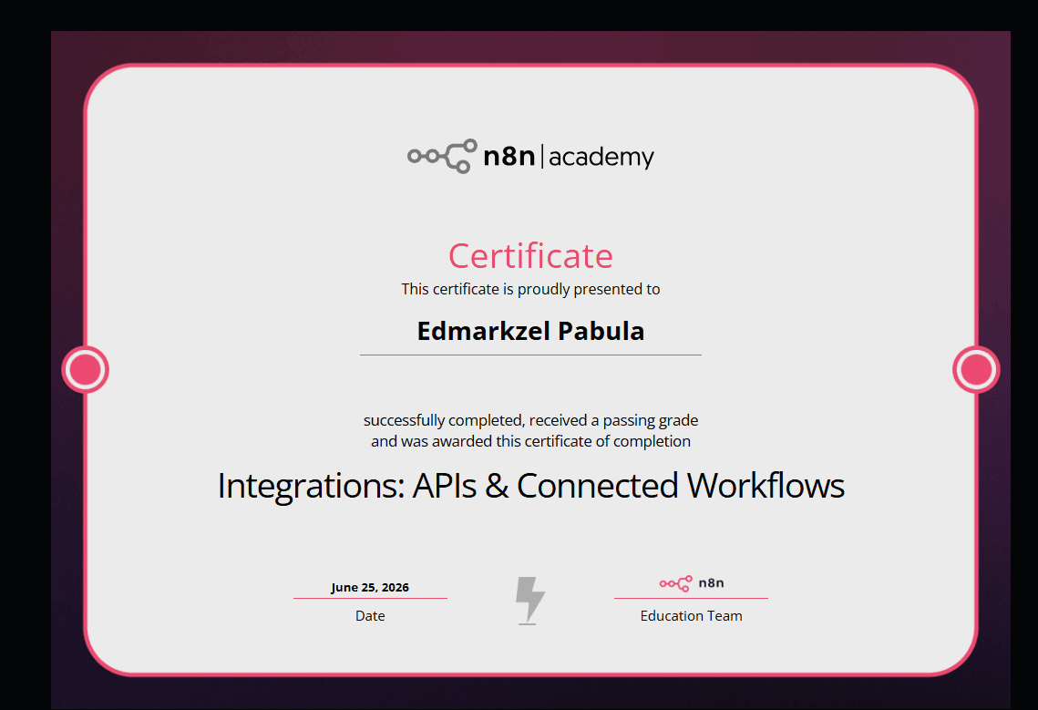 n8n Academy Integrations APIs and Connected Workflows certificate awarded to Edmarkzel Pabula