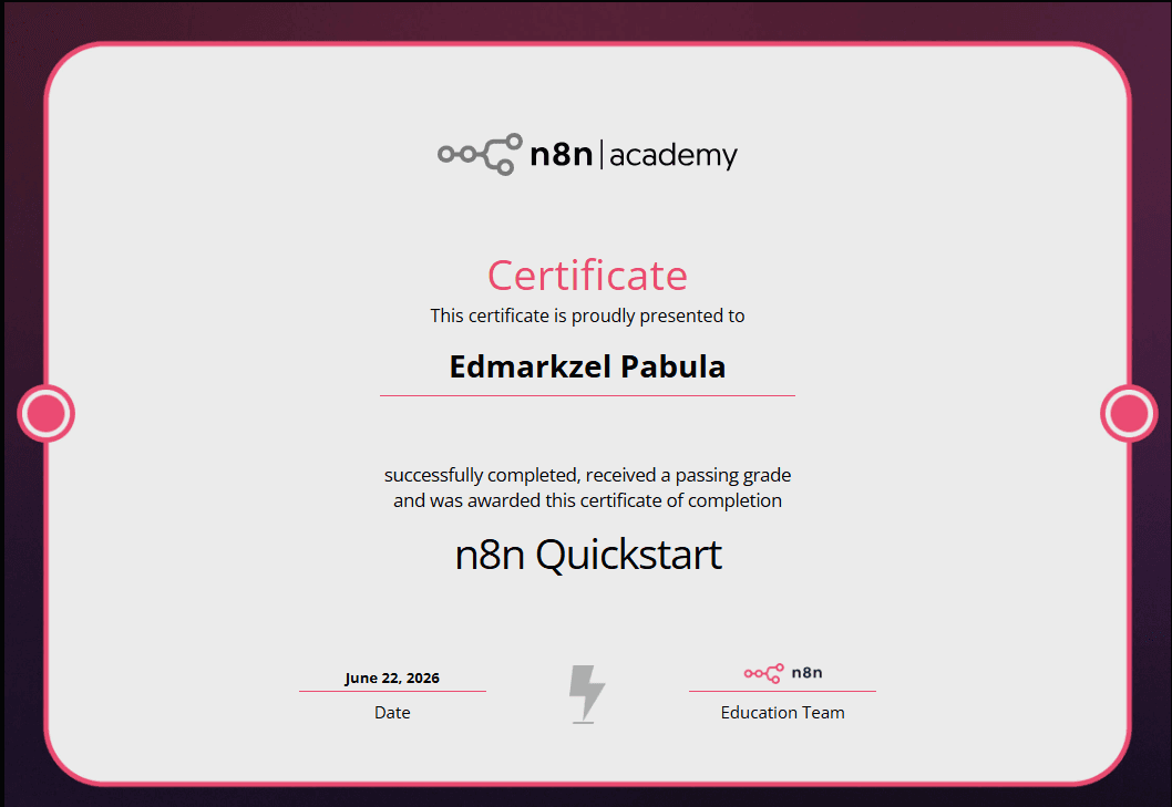 n8n Academy Quickstart certificate awarded to Edmarkzel Pabula